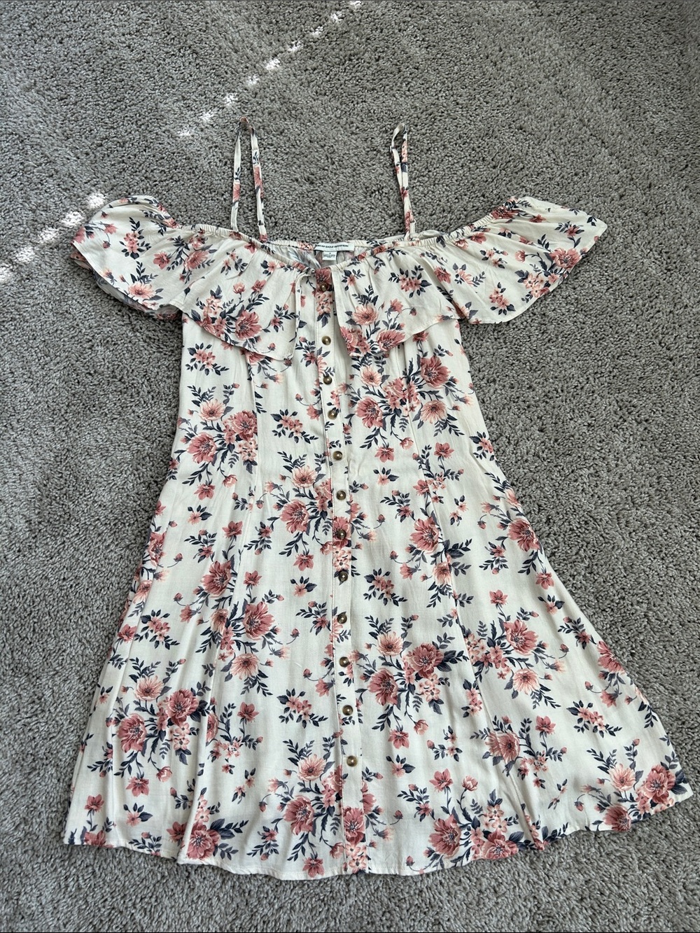 AE Floral Button-Front Off-Shoulder Sundress - Cream and Pink